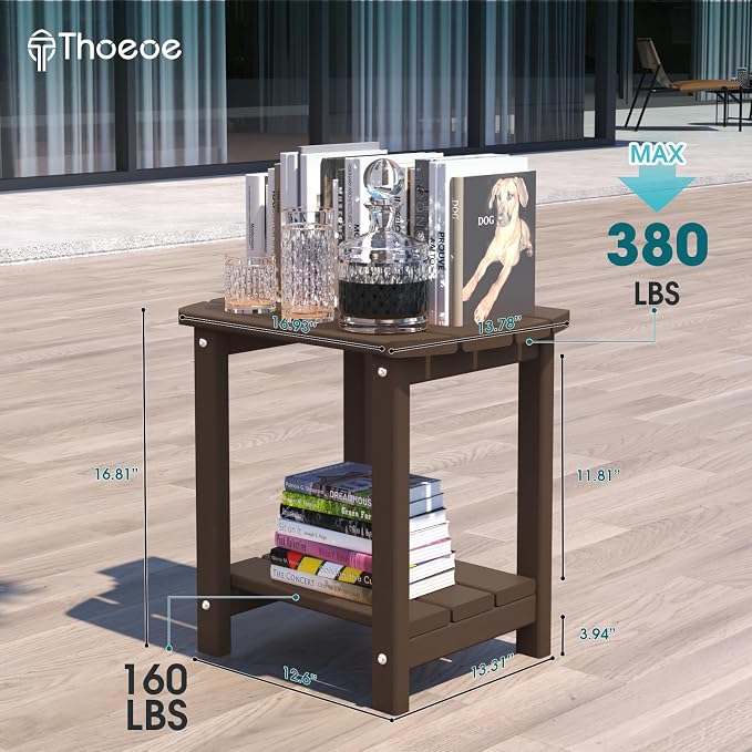 THOEOE Adirondack Outdoor Side Table, 2-Tier Sturdy Patio End Table Weather Resistant, Morden Side Table for Patio, Pool, Porch, Brown