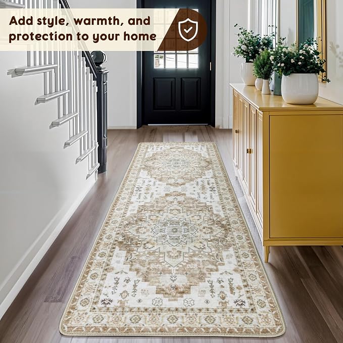 LBRO2M Machine Washable Rug Soft Pet Friendly Carpet 2'6" x 8' Cream | Persian Runner Rug 2'6"X8' for HallWay, Bedroom, Kitchen, Laundry Room, Non Slip Carpet, Foldable Stain Resistant Rugs