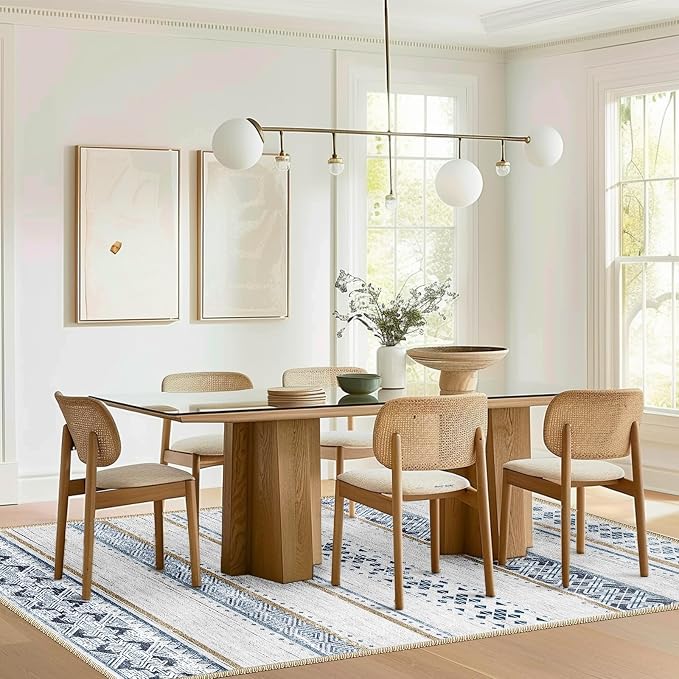 4x6 Washable Area Rugs for Living Room Boho Bedroom Rug Blue/Brown | Vacuum Friendly, Machine Washable, Non-Slip Rug, Stain Resistant, Moroccan Geometric, Low Pile Carpet, Dining Room Kitchen