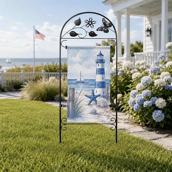 AceList Garden Flag Holder Stand for Outside, Wrought Iron Butterfly Yard Flag Pole Holder with 8-Prong Base & Windproof Velcro Clips, Heavy Duty Garden Flag Stand for 12x18 Flags, Black, (Flag Not Included)