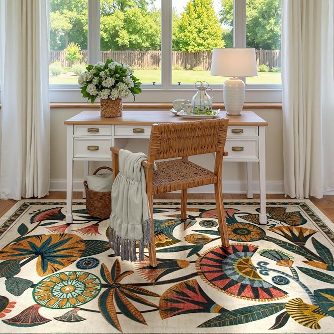 Zealude Beige 8x10 Area Rugs for Living Room, Soft Washbale Bedroom Rugs, Non Slip Low Pile Dining Room Rug, Stain Resistant Large Rug for Playroom Office Kitchen Indoor