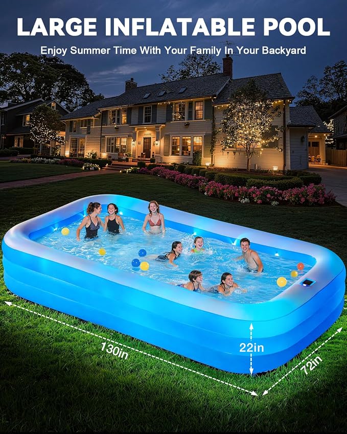 Large Inflatable Pool for Adults,130" x 72" x 22" Thickened Blow Up Pool with Lights & Pump, 7 Color Changed Durable Above Ground Family Swimming Pool for Backyard Outdoor Garden