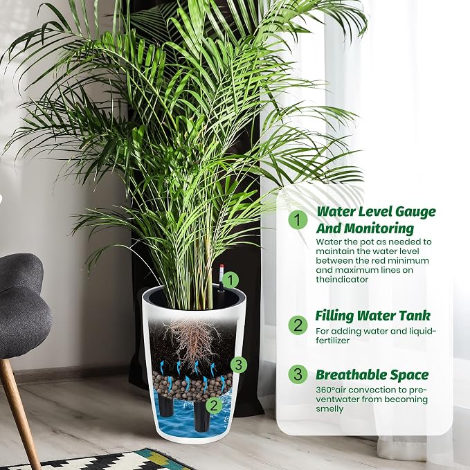 16" Tall Planter Set of 4, Self Watering Pots, Large Planter for Indoor Outdoor Plants, Built-in Drainage and a Water Level Monitor, Tall Planters for Patio, Porch, Living Room, Home Office, White