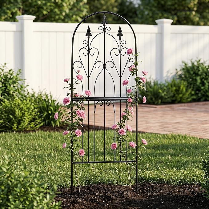 Garden Trellis for Climbing Plants 59" H x 21.7" W Metal Unique Design Decorative Garden Structure Weather-Resistant Lattice Outdoor Decor Flowers Roses Vine Ivy Clematis Black Coating
