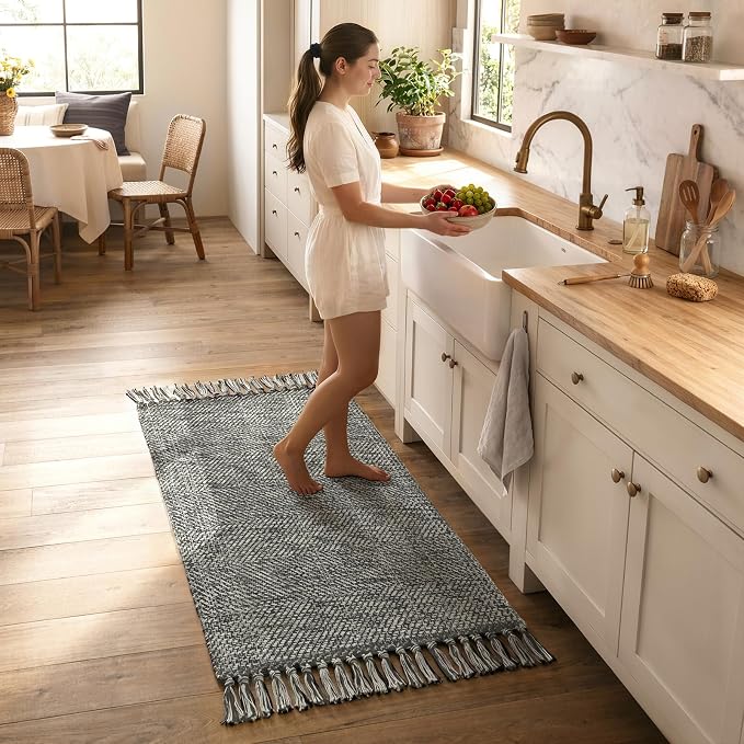 2' x 4.3' Boho Kitchen Runner Rugs, Grey Farmhouse Bathroom Mat | Hand-Woven Washable Entryway Rug, Modern Soft Bedroom Carpet Reversible Front Door Mats for Laundry Porch Bedside Decor
