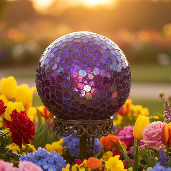Sunnydaze 10" Mosaic Glass Gazing Ball for Garden, Globe for Outdoor Decor | Iridescent Purple, 2 pk, Decorative Sphere Fits Most Stands, Garden Ball for Outside, Flower Bed, Backyard, or Indoor Display