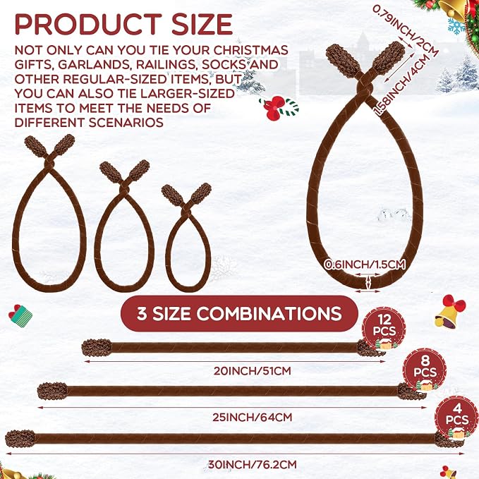 Zhengmy 24 Pcs 20'' 25'' 30'' Christmas Velvet Garland Ties Christmas Decorative Twist Ties for Banister Reusable and Flexible Wreath Twist for Xmas Home Decorations Holiday Craft Wrapping (Brown)