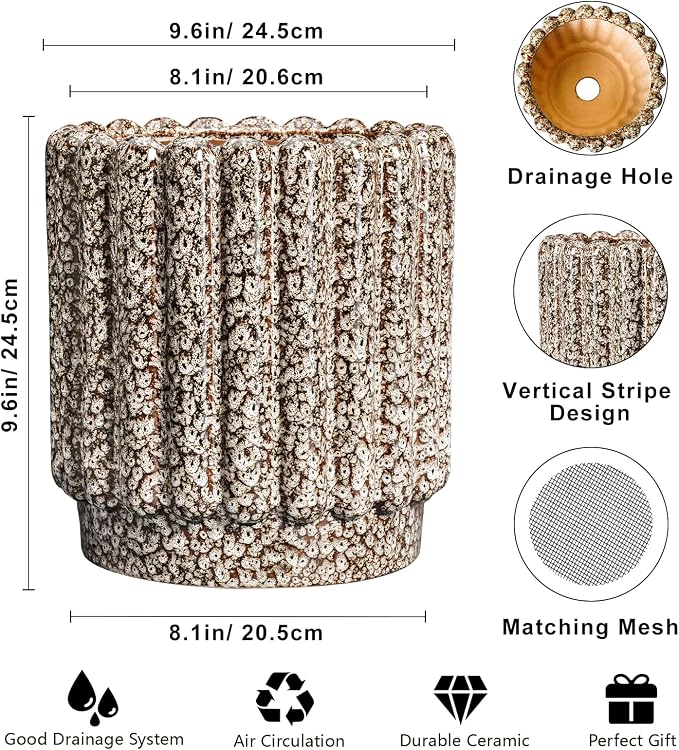 Ceramicfor Ceramic Planter, 9.6 Inch, Leopard Print White | Round Fluted Design, Drainage Hole, Indoor & Outdoor Use, Home Decor