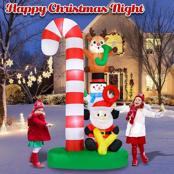MUMTOP Christmas Inflatable Outdoor Decoration, 7.8 FT Candy Cane Christmas Inflatables with Joy Sign, Elk, Snowman and Santa Blow Up Lighted Holiday Displays for Garden Yard Outside Winter Decor