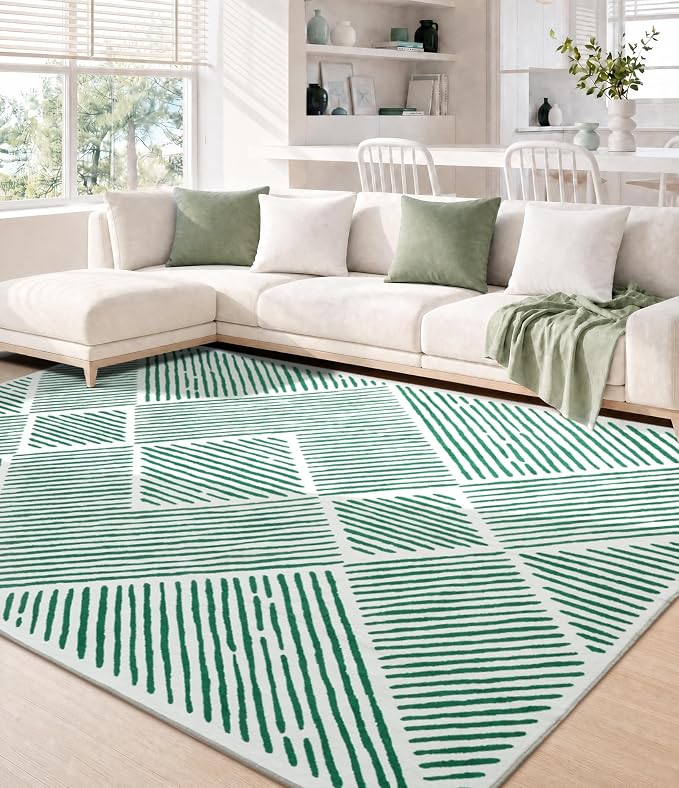 6‘x9' Washable Mid Century Modern Green Area Rug for Living Room | Non-Slip, Soft, Low Pile, Stain Resistant, Modern Geometric Stripe Rug for Bedroom Dining Room