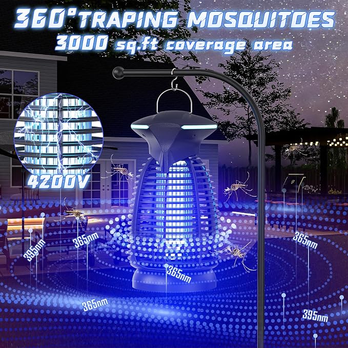 Bug Zapper Outdoor for Mosquito Flies - Waterproof Insect Killer Trap Lamp Electric 4200V Powerful Bug Zappers Indoor with LED Light for Patio Porch Garage Backyard & Home
