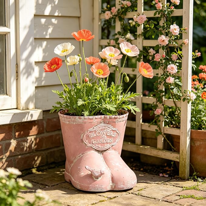 Vintage Distressed Boot Planter, Rustic Flowers & Garden Metal Rain Boot Plant Pot, Farmhouse Succulent Herb Planter for Indoor Outdoor Home Garden Patio Decor (Pink - Small)