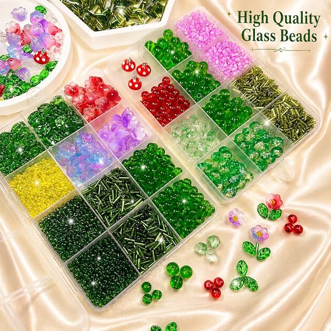 Green Glass Beaded Plant Kit Boho Crystal Suncatcher with Disco Ball Planter DIY Lily of the Valley Premium Glass Flower & Leaf Beads Craft Set for Adults Everlasting Botanical Window Decor Gift