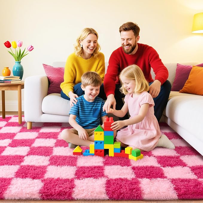Checkered Rugs for Bedroom, 4x6 Ultra Fluffy Fuzzy Shag Area Rug for Living Room, Modern Plush Soft Upgrade Non-Slip Carpet for Girls and Kids Room Dorm Nursery Home Decor, Pink and Hot Pink