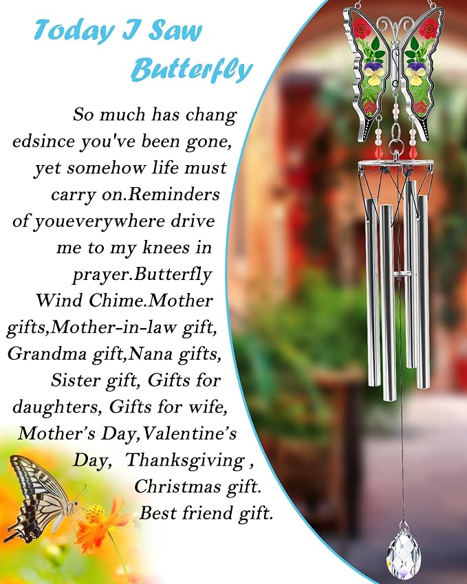 KY&BOSAM Butterfly Wind Chimes for Outside Memorial Sympathy Gifts 20" Memorial Wind Chime for Loss of Loved One Butterfly Sympathy Wind Chimes Remembrance Condolence Bereavement Gift for Loss of Mom