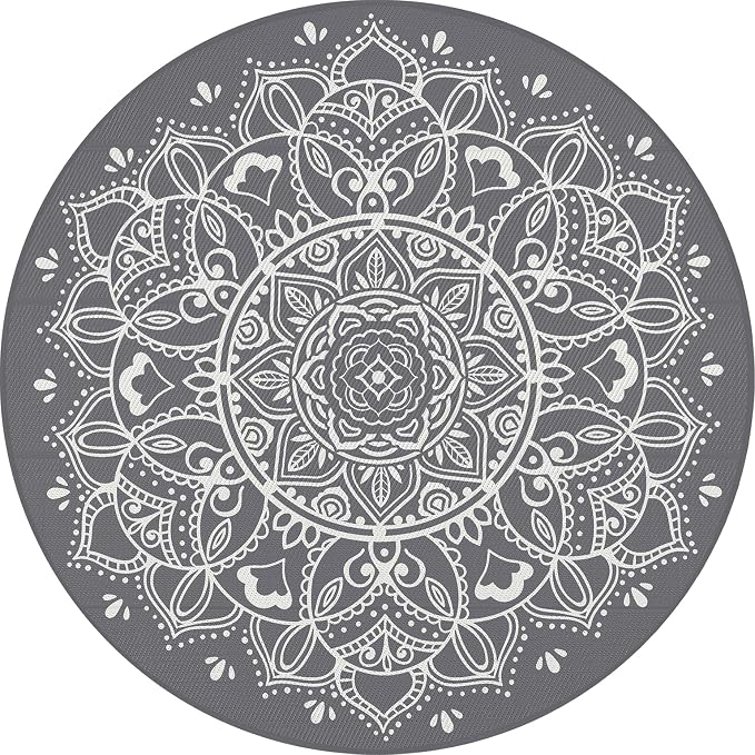 Pauwer Waterproof Outdoor Rug 8ft, Reversible Plastic Straw Patio Camping Rug, Indoor Outdoor RV Mat Carpet for Deck, Camper, Porch, Balcony, Backyard, Picnic, Floral Grey