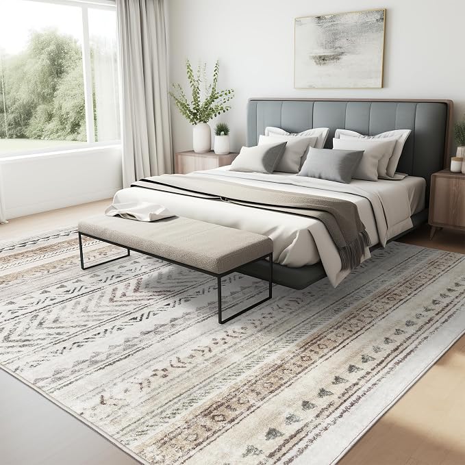 Art&Tuft 4x6 Area Rug Non Slip, Moroccan Washable Rugs for Bedroom, Brown | Low Pile, Soft & Lighweight, Thin, Folable, Stain Resistant Indoor Carpet for Living Room, Kitchen, Coffee Table, Powder Room