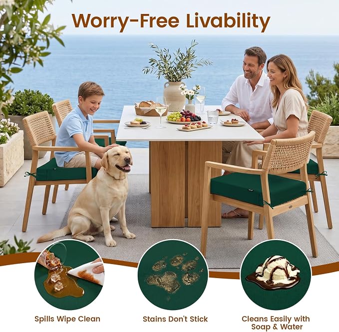 Favoyard Patio Chair Square Cushions Set of 2, Green, 24 x 24 x 4 inches | 5-Year Fade-resistant & Water-resistant Memory Foam Pad with Removable Cover & Ties for Outdoor Furniture Dining Chairs Seat