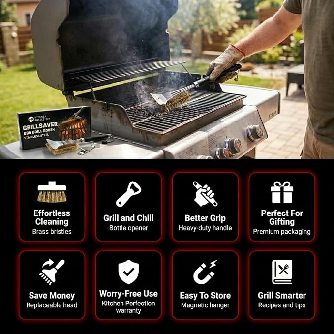 Kitchen Perfection Brass BBQ Grill Cleaning Brush and Scraper -GrillSaver | Safe Brass Wire Bristles for Porcelain & Ceramic Grates, Replaceable Head, Magnetic Hanger, Bottle Opener & 3 Ebooks