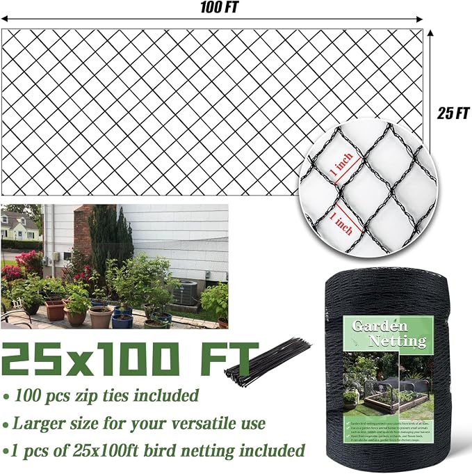 Bird Netting，25 x 100 FT Garden Netting Bird Net for Chicken Coop, Poultry Netting Fence for Fruit Trees, Plants and Vegetables Against Birds, Deer, Squirrels and Other Animals