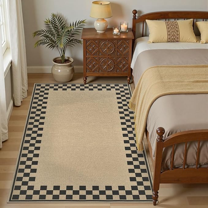 UERMEI 4x6 Outdoor Jute Area Rug Patio Neutral Washable Checkered Brown | Easy Non Slip Pet Friendly Indoor Farmhouse Carpet for Living Room Bedroom Dining Backyard