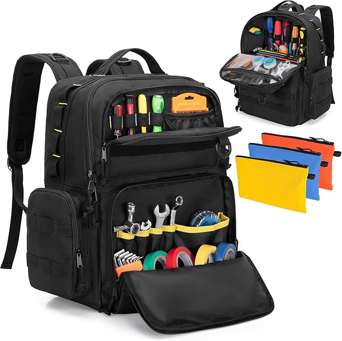 Rexmica Tool Bag Backpack for Men with 3 Tool Pouches, Heavy-Duty Tool Storage Organizer Bag with Padded Shoulder & Waist Support, Tactical Work Tool Bag for Electrician, Repairman, HVAC Techs, Black