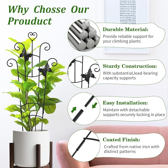 4 Pack Plant Trellis for Climbing Plants Indoor Outdoor, 33 Inch Expandable Metal Trellis for Potted Plants,Flowers Vine Ivy,Sturdy Climbing Plant Support for Indoor & Outdoor Houseplants with Ties