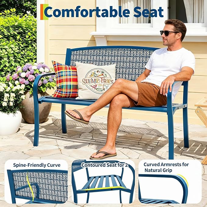 50" Outdoor Metal Garden Bench, Patio Steel Bench with Curved Backrest, Decorative Pattern, Weather-Resistant Porch Bench for Yard, Park, Deck, Backyard