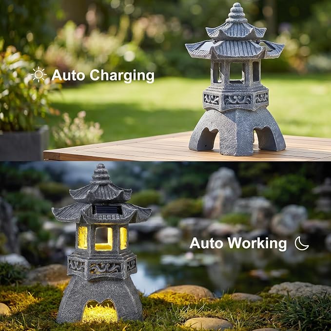 Solar Zen Garden Statue, Pagoda Lantern with 3 Solar Panels, Outdoor Decor for Landscape Patio, Balcony and Yard, Gift for Women Mom and Gramma