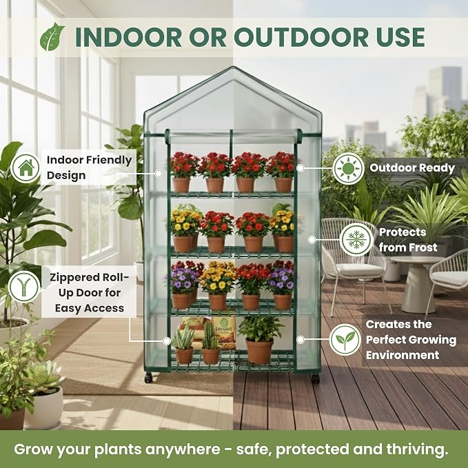 4 Tier Mini Greenhouse - Portable Greenhouse with Locking Wheels and PVC Cover for Indoor or Outdoor Green House by Pure Garden