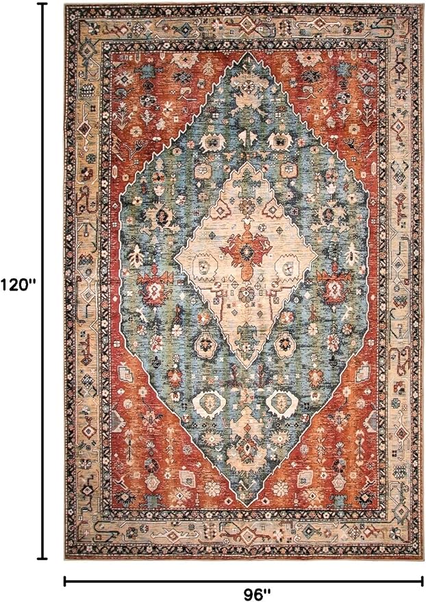 Lahome Boho Tribal 8x10 Area Rugs for Living Room, 8 x 10 Washable Rug for Bedroom Aesthetic, Large Oriental Vintage Soft Dining Room Carpet for Under Table Playroom (Rust/Dull Teal,8x10ft)