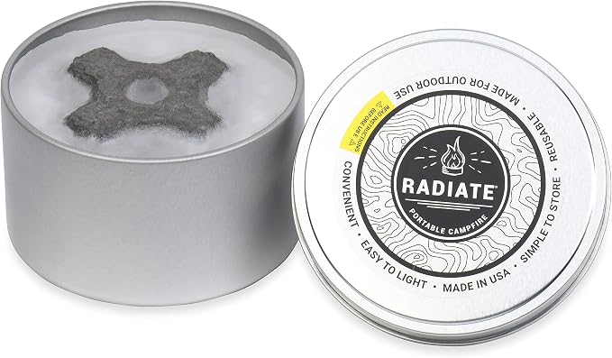 Radiate - 4 Pack Outdoor Portable Campfire - 2 Hours of Warmth and Burn Time - 4” Reusable Fire Pit for Camping, Smores, Cooking & Picnics - Recycled Soy Wax - Portable Fire Pit for Camping