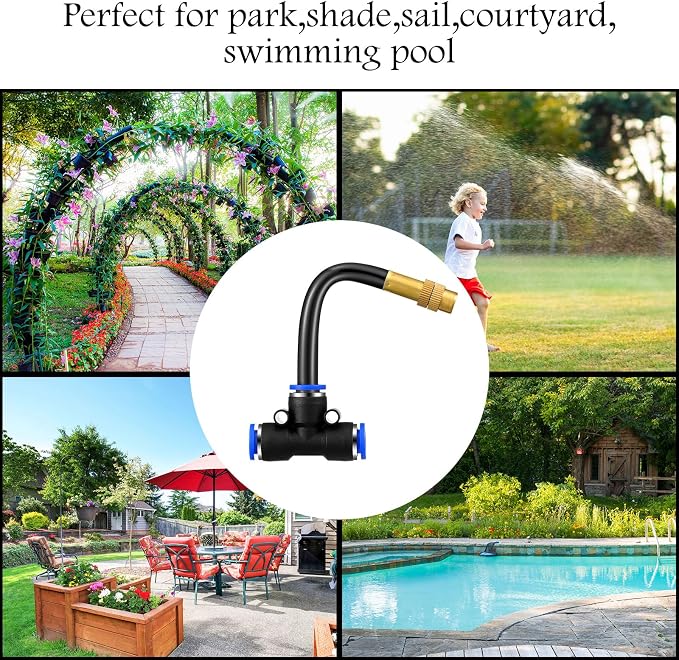 Zonon 10 Pcs Brass Misting Nozzles Tee with 4" Built in Hose for 0.32"/8 mm Tubing 360 Degree Rotation Adjustable Water Mister Nozzle Thread Sprayer Misting Part Accessories for Patio Outdoor Cooling