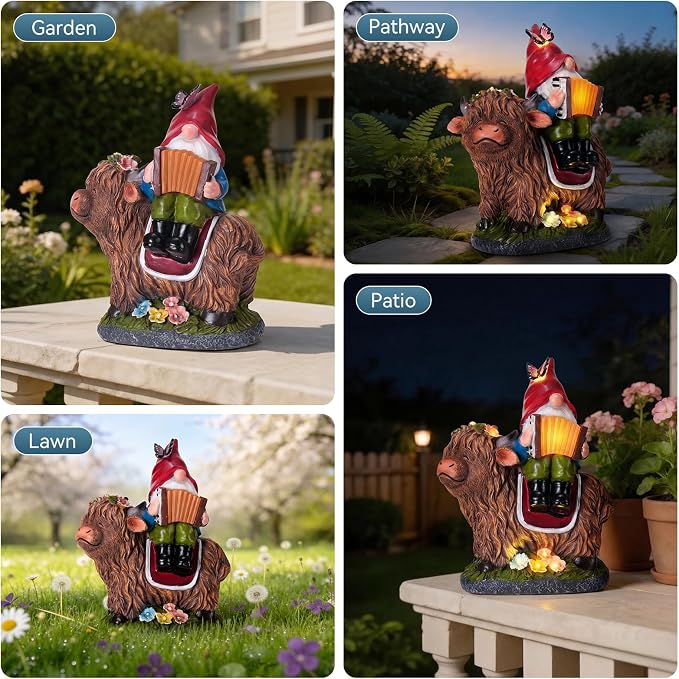 Highland Cow Gnome Statue, Highland Cow Gnomes Garden with LED Lights and Book, Solar Garden Statues for Yard, Patio, Balcony, Lawn Ornaments Figurines Gifts for Women, Mom