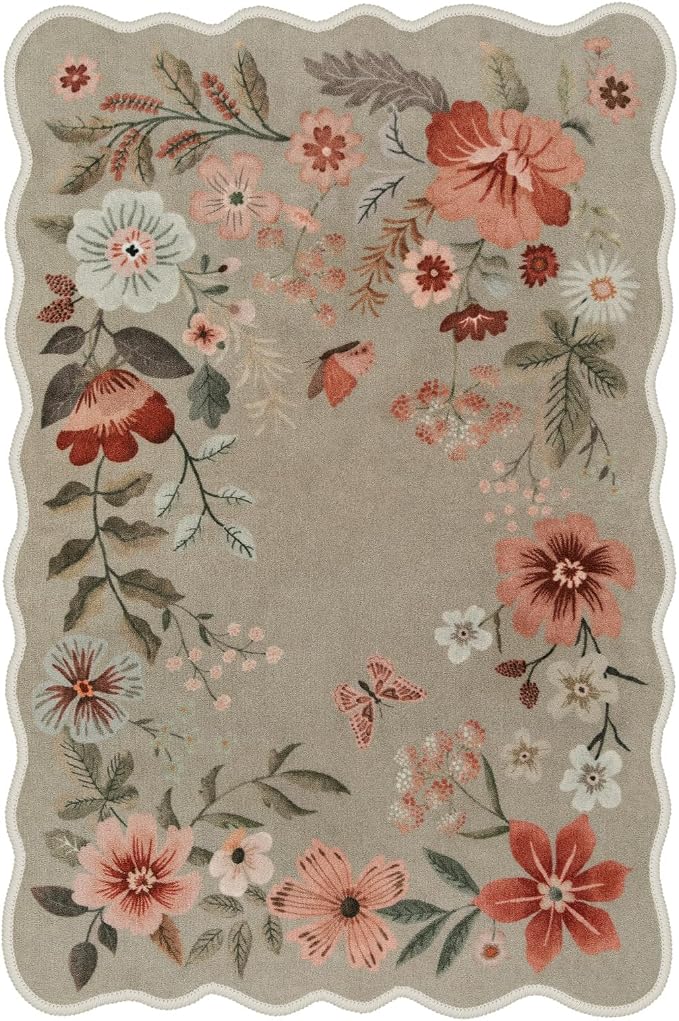Lahome Floral Washable 6x9 Area Rugs, Soft Bedroom Rugs for Living Room | Ultra-Thin Non Slip Dining Room Rug, Boho Rugs Easy Clean Throw Carpet for Office Flore (6'x9',Brown)