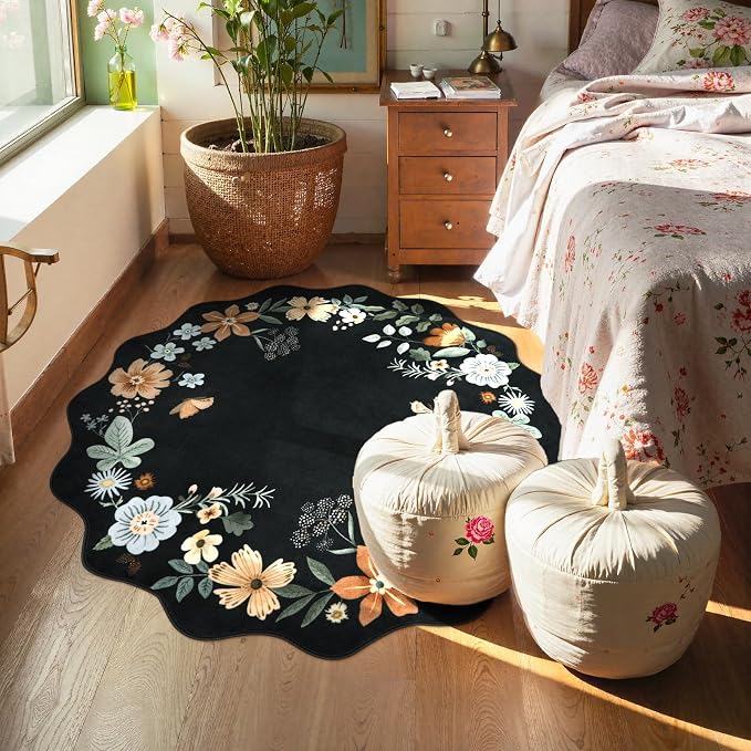 Lahome Floral Round Circle Rugs, Washable Small Round Rug 3ft Non-Slip | Soft Boho Ultra-Thin Circle Carpet for Bedroom Entryway Kitchen Laundry Bathroom Flore Black/Grey