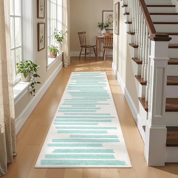 GarveeHome 2x6 Green Runner Rug for Hallway Striped Non Slip Kitchen Rug | Non-Slip Washable Low Pile Carpet for Bedroom Entryway Stain Resistant Foldable Soft Enreyway Rugs