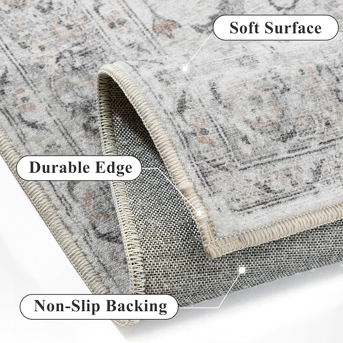 Taupe Area Rug 3x5 Entryway Vintage Floral Non-Slip Carpet | Machine Washable, Soft, Low Pile, for Bedroom, Dining Room, Kids Room, Nursery, Office, Retro Neutral Decor