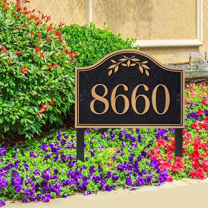 Yard Address Sign - Personalized Address Plaque,House Number Yard Sign,House Numbers for Outside,Lawn,Yard,Ground with 2 Stakes (Black/Rose Gold)