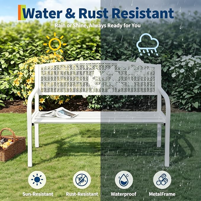 50" Outdoor Metal Garden Bench, Patio Steel Bench with Curved Backrest, Decorative Pattern, Weather-Resistant Porch Bench for Yard, Park, Deck, Backyard