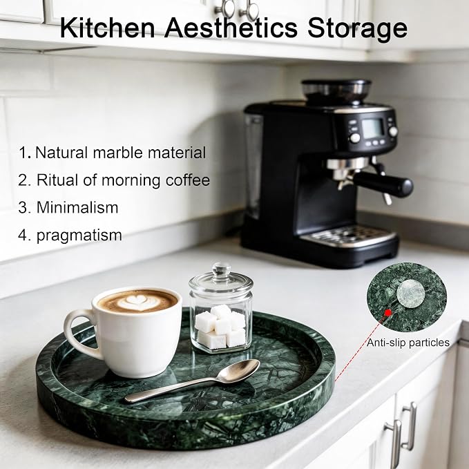 Natural Marble Tray, 9.45" x 0.99" Round Marble Vanity Tray, Marble Ring Dish for Bathroom, Jewelry Tray, Coffee Table,Sink Storage Holder Organizer, Bedside Table,Home Decor,Green (NS055)