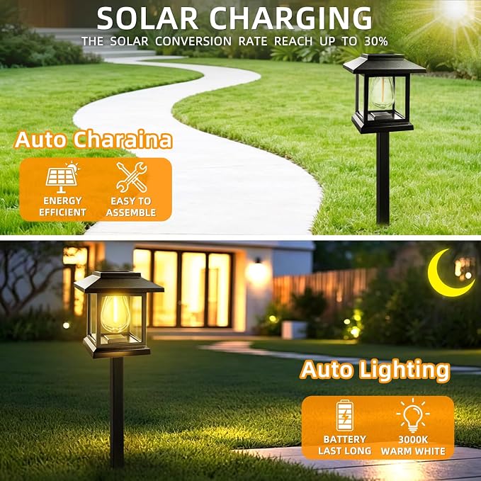 8-Pack Solar Pathway Lights - High-Efficiency Polycrystalline Panels for All-Night Glow - IP65 Waterproof Outdoor Landscape Lighting for Garden, Walkway & Driveway Security (Black)