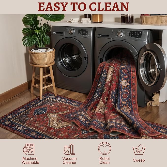 Tangsoo Red 2x6 Washable Runner Rug for Hallways, Vintage Non Slip Runner | Oriental Soft Low Pile Long Rug Runner, Boho Carpet Runners for Kitchen Bedroom Entryway Bathroom Living Room Red Beige