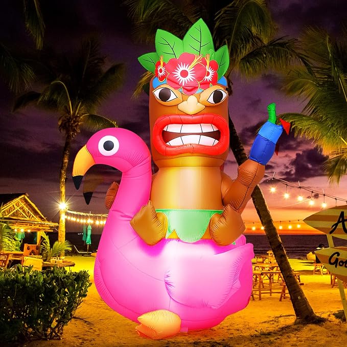 Shappy 5ft Inflatable Flamingo Lighted Blow up Tiki Hawaiian Party Decor | Luau Tropical Inflatables Giant Outdoor LED Tiki Blow up Aloha Bar Beach Summer Pool Surfing Party Decorations