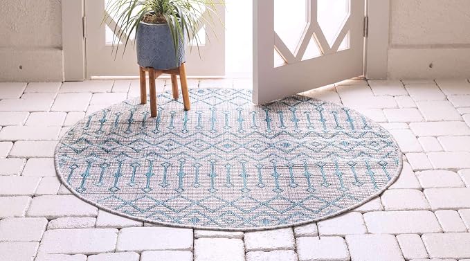 Unique Loom Outdoor Trellis Collection Area Rug - Tribal Trellis (4' 1" Round, Light Blue/ Ivory)