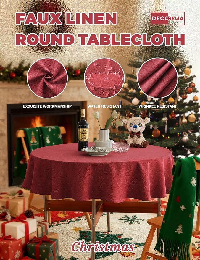 Decorelia Waterproof Round Tablecloth, Decorative Rustic Wipeable Tablecloths Wrinkle Free Table Cloth Cover for Holiday,Wedding,Dining& Kitchen Table (70 Inch,Round (4-6 Seats),Red)