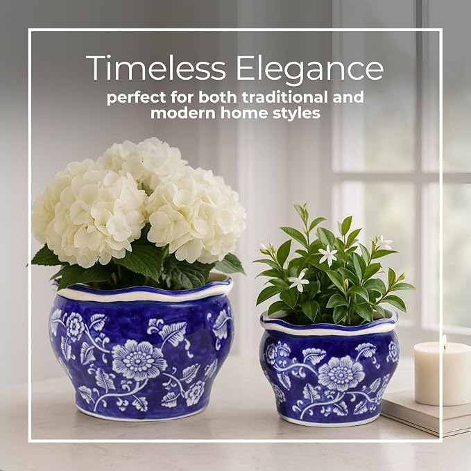 Set of 2 Round Chinoiserie Decorative Ceramic Planter Pots – Stoneware Outdoor & Indoor Plant Pots with Drainage – Modern Garden & Home Decor Planters – 6" & 5", Blue & White