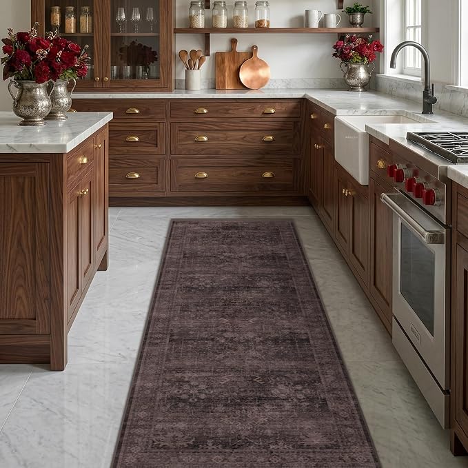 Washable 2x6 Runner Rug for Hallway, Dark Taupe Brown Low Pile Non-Slip Long Kitchen Runner Rugs for Bathroom Laundry Room, Boho Vintage Traditional Eclectic Stain Resistant Carpet