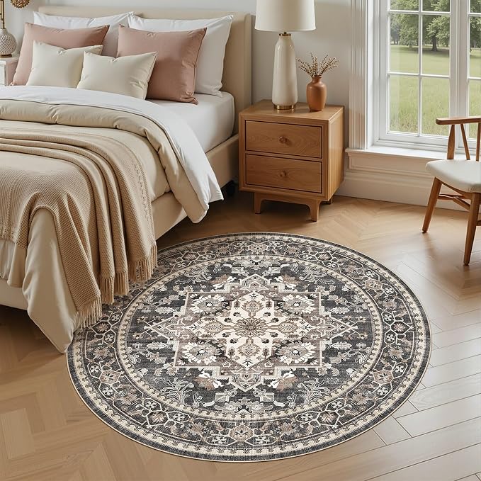 Washable Area Rug-8X8 Vintage Neutral Soft Black | Non Slip Thin Foldable Large Floor Carpet for Living Room Bedroom Kitchen Dining Room Home Office Farmhouse Indoor