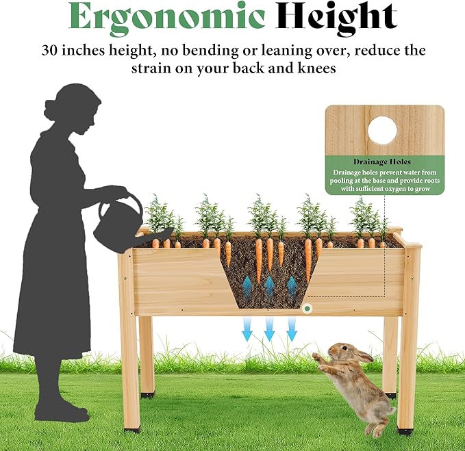 AMERLIFE Raised Garden Bed, 48x30x24 Inches Elevated Wood Planter Box with Legs, Bed Liner, Divider and Drainage Holes for Backyard, Patio, 200 lb Capacity - Light Wood